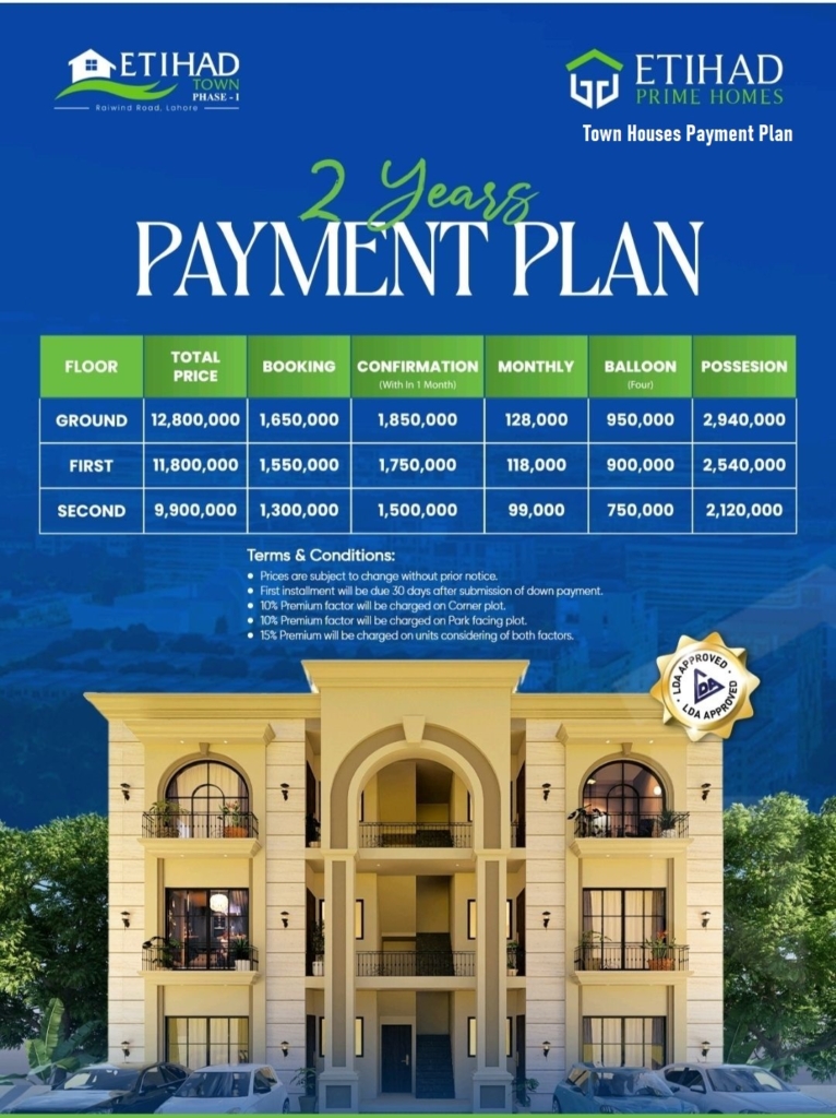 Prime Home Town Houses Payment Plan at Eithad Town Phase 1 Raiwind Road Lahore